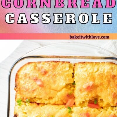Best Mexican cornbread casserole recipe pin with 2 images and text box divider.