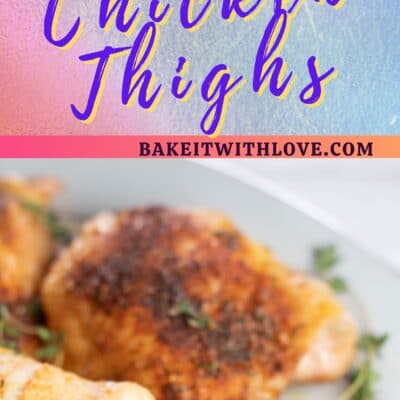 Pin image with text of oven baked chicken thighs on a white serving plate.