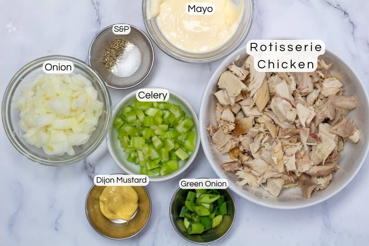 Best rotisserie chicken salad ingredient image with labels.