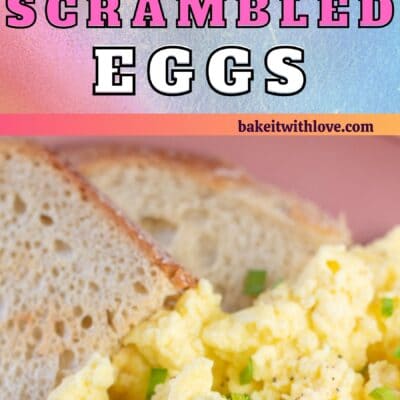 Pin image with text of scrambled eggs on rose colored plate with toast on the side.