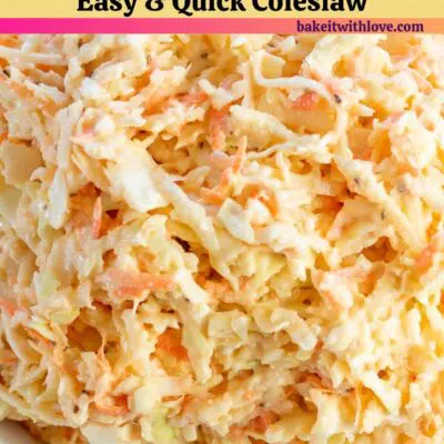 Pin image with text of Southern coleslaw in a white bowl.