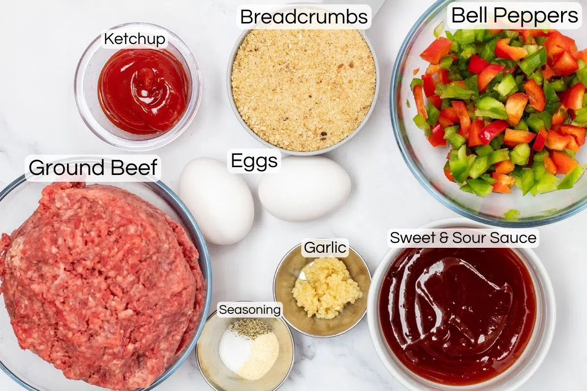 Sweet and sour meatloaf ingredients with labels.