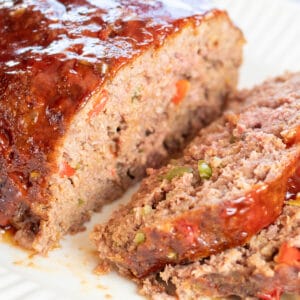 Best sweet and sour meatloaf loaded with red and green bell peppers and topped with sweet and sour glaze.