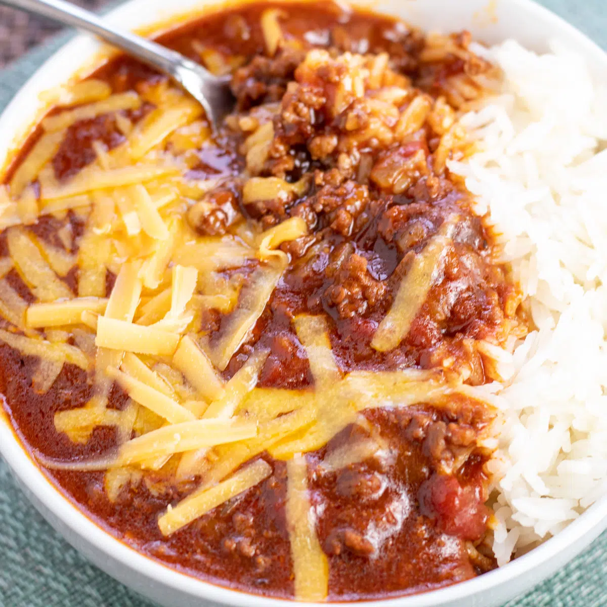 The best Texas Chili is made without beans and is shown here served with white rice.