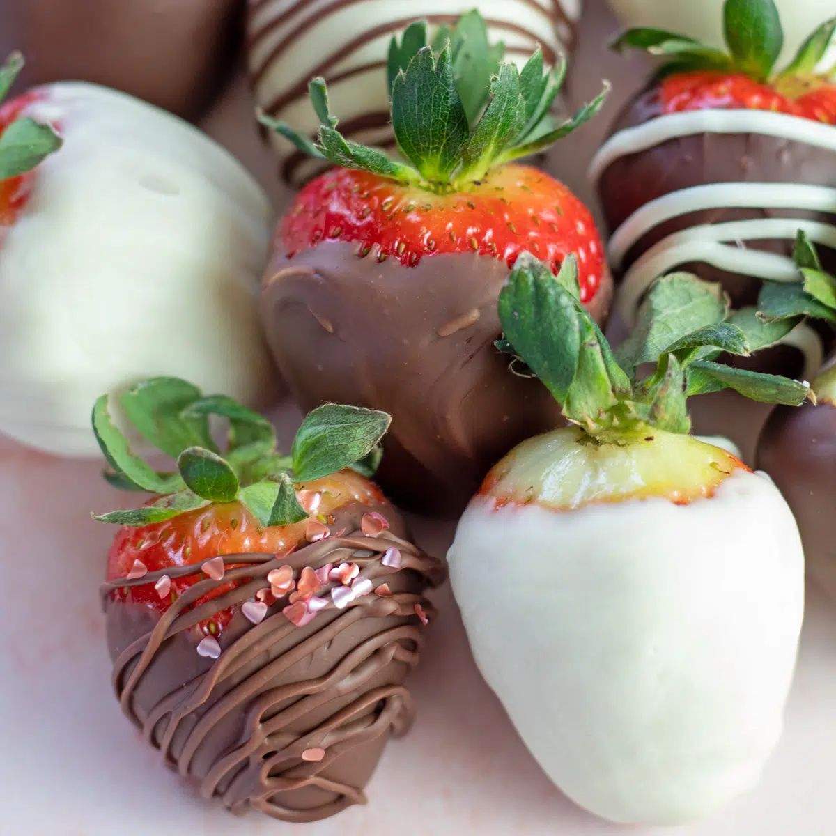 Image carrée d'un assortiment de fraises enrobées de chocolat pour la Saint-Valentin.