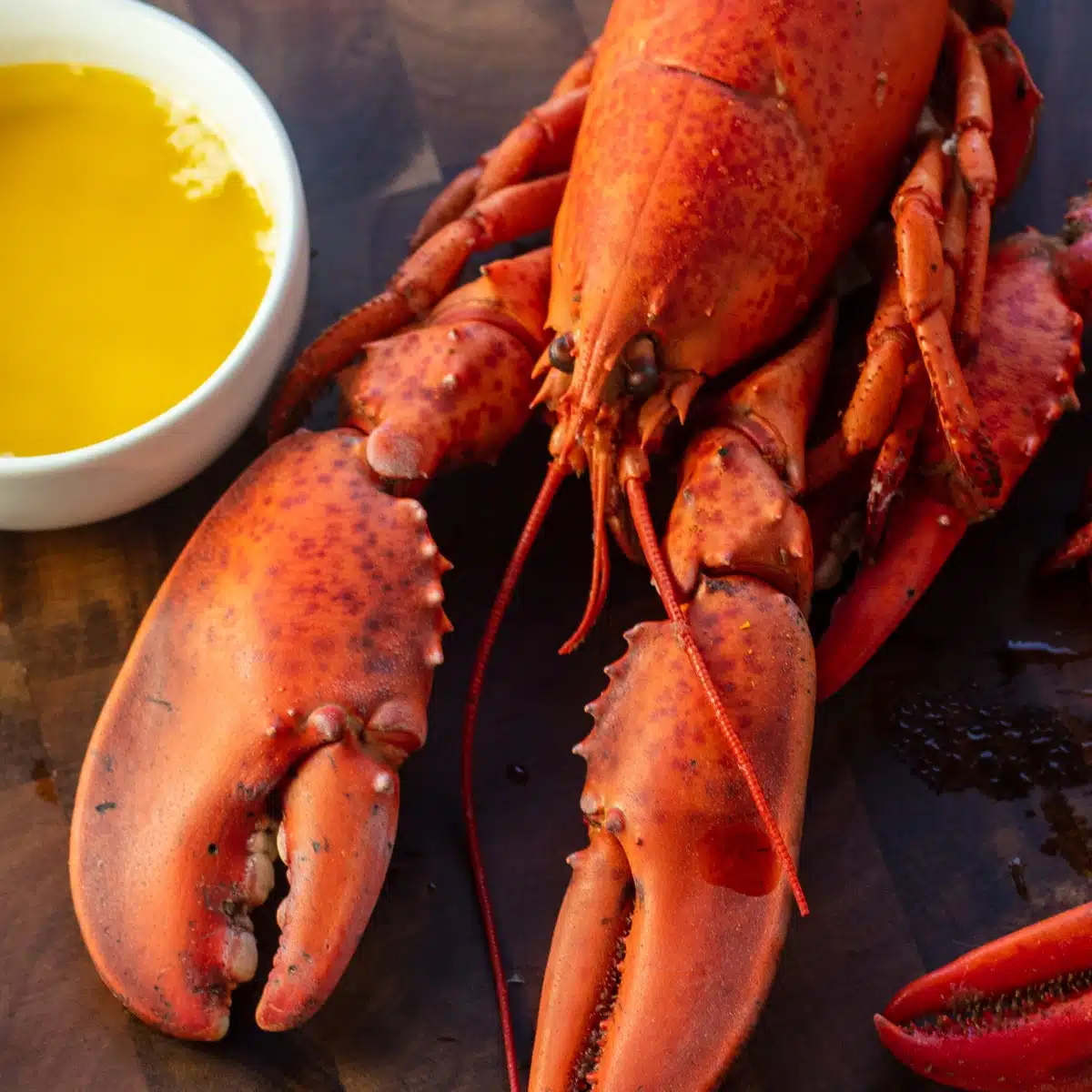 Square image of a whole cooked lobster on a wood background.