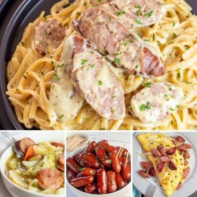 Best sausage recipes collage photo with 4 images of unique sausage recipes.