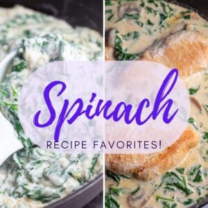 Best spinach recipes square image with a split image of two recipes and text overlay.