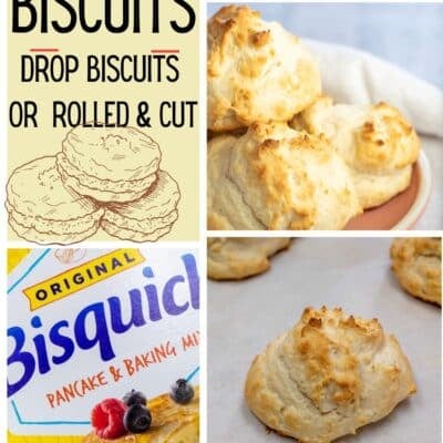 Best Bisquick biscuits recipe pin featuring ingredient, process, and finished biscuits in a collage.