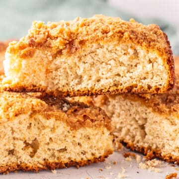 Delicious slices of Bisquick coffee cake sliced and stacked for serving.
