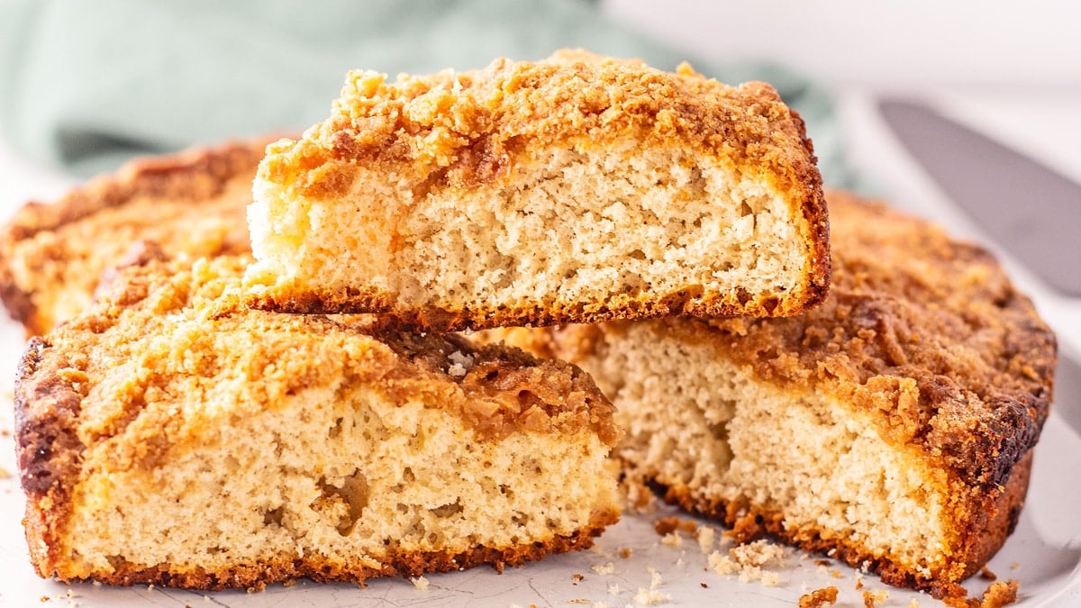 Delicious slices of Bisquick coffee cake sliced and stacked for serving.