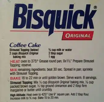 Cutout image of the original Bisquick coffee cake recipe.