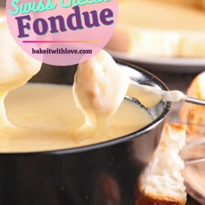 Best cheddar swiss cheese fondue pin with text overlay.
