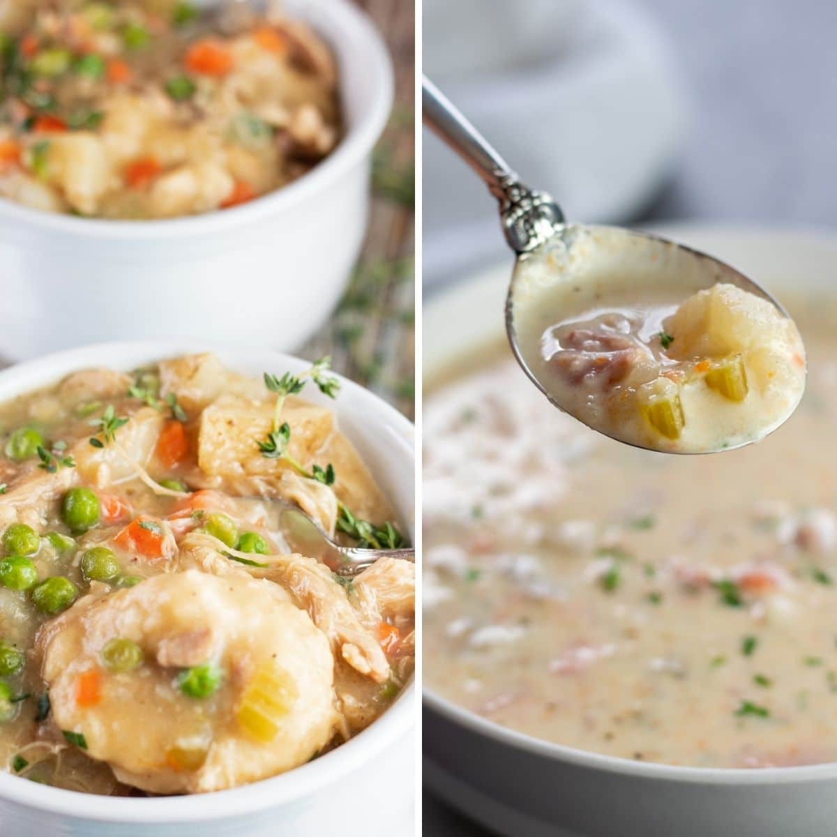 Best crockpot soup recipes with 2 image collage photo of soups served in white bowls.