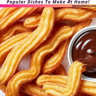 Best Cuban recipes pin with churros and chocolate sauce below text header.