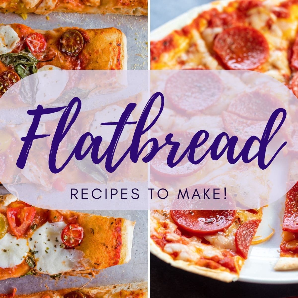 Beste flatbread-recepten naast elkaar afbeelding van flatbread-pizza's voor het avondeten.