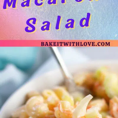 Best Hawaiian macaroni salad pin with 2 images and text box divider.