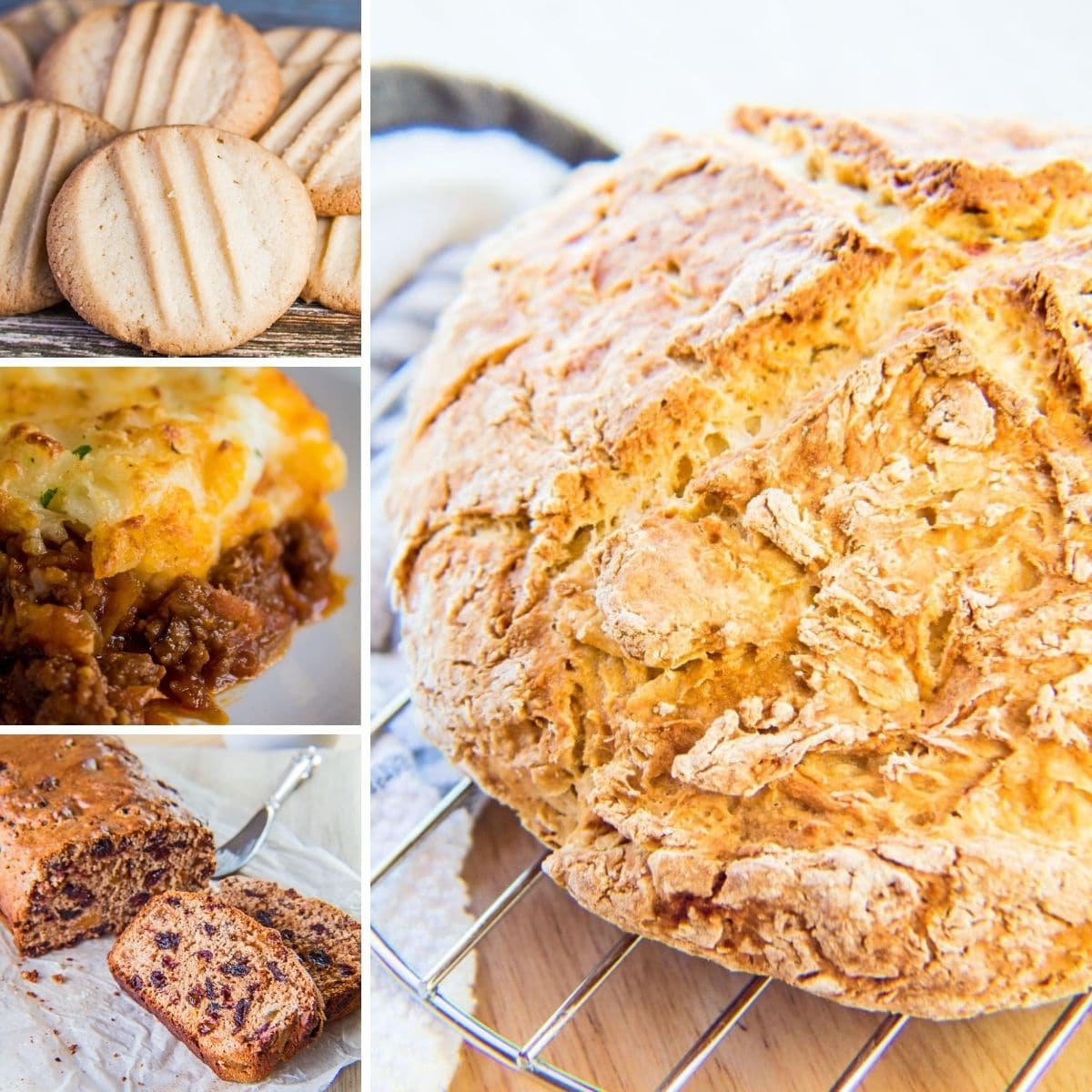 Foto de collage de 4 paneles de 4 recetas irlandesas tradicionales para disfrutar en casa.