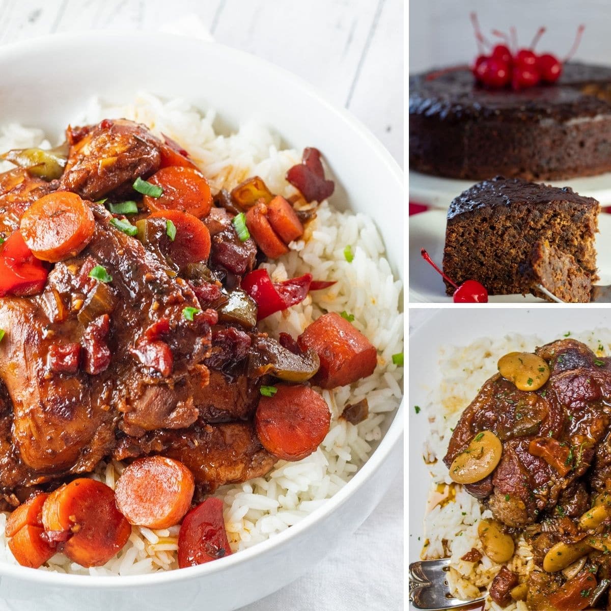 Best Jamaican recipes 3 photo collage of hearty entrees and dessert.