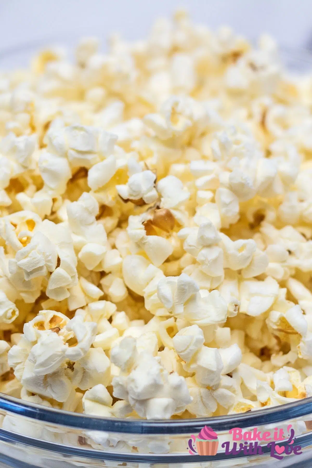 Tall closeup on the bowl of microwave popcorn.