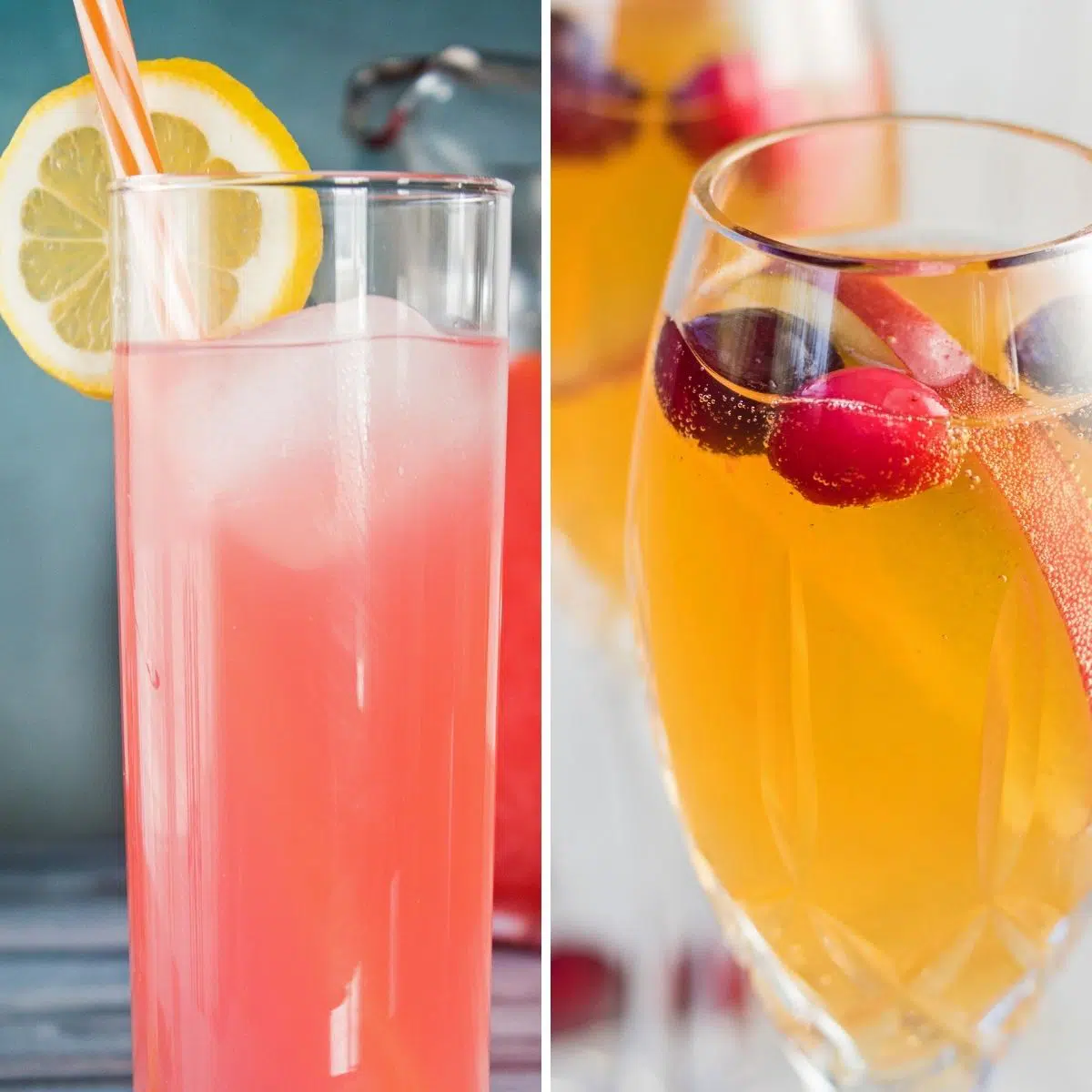 Изображение лучших рецептов безалкогольных коктейлей, показывающее два вкусных фаворита в прозрачных стаканах на квадратном изображении рядом друг с другом.