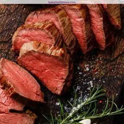 What is the Teres Major Steak pin with sliced and served mock tenderloin and text header.