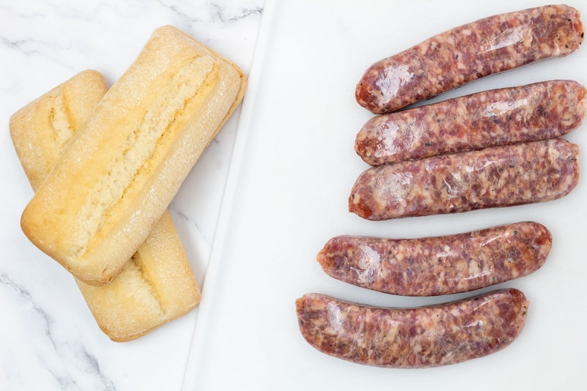 Air fryer Italian sausage ingredients of sausages and buns.
