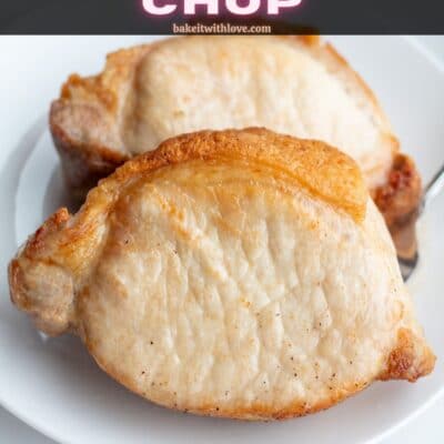 Best air fryer pork loin chops pin with text header over image of two plated pork chops.