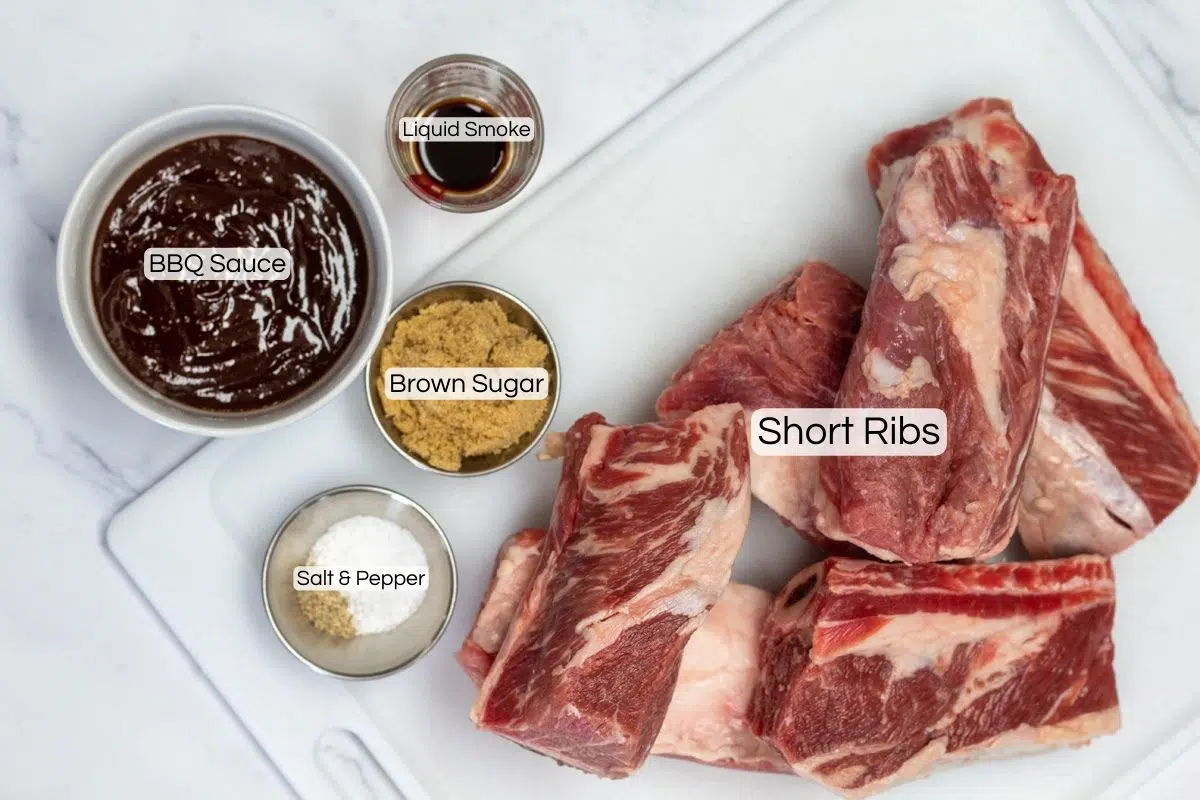 Overhead photo showing ingredients needed to make bbq baked short ribs.