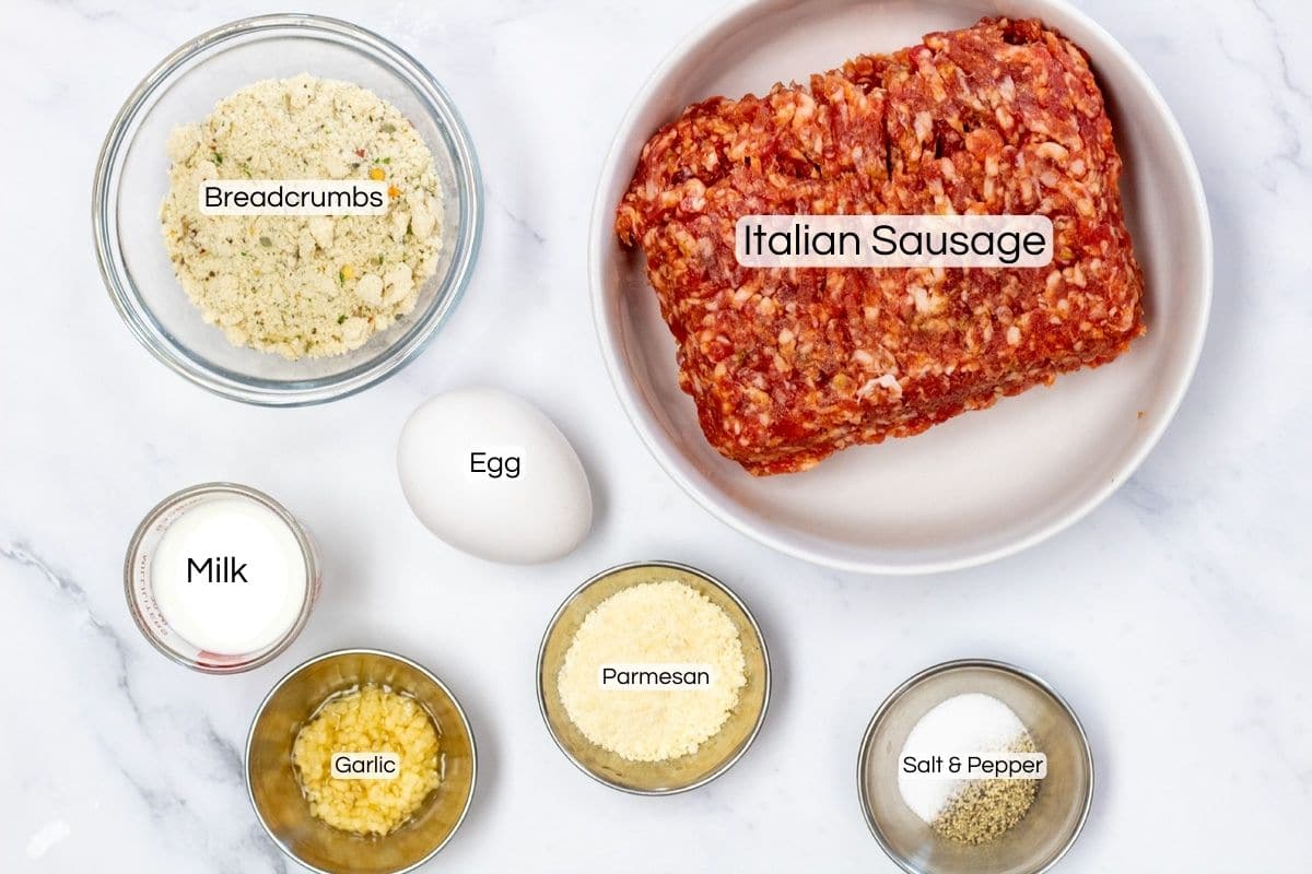 Baked Italian meatballs ingredients with labels.