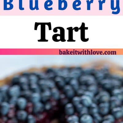 Tall pin image of blueberry tart with text divider.
