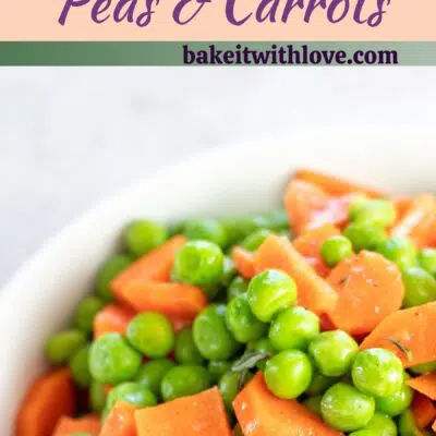 Pin image with text divider of a white bowl filled with peas and carrots.