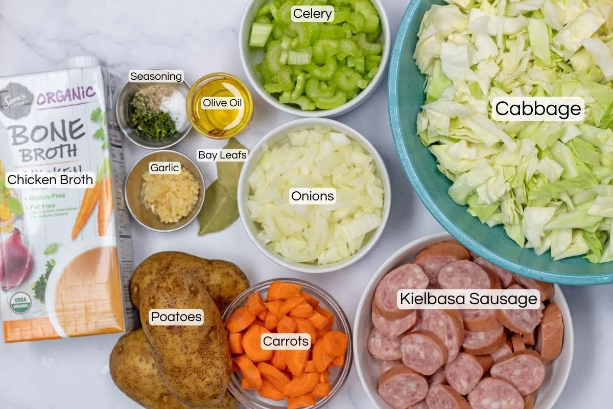 Cabbage soup with kielbasa sausage overhead ingredients image with labels.