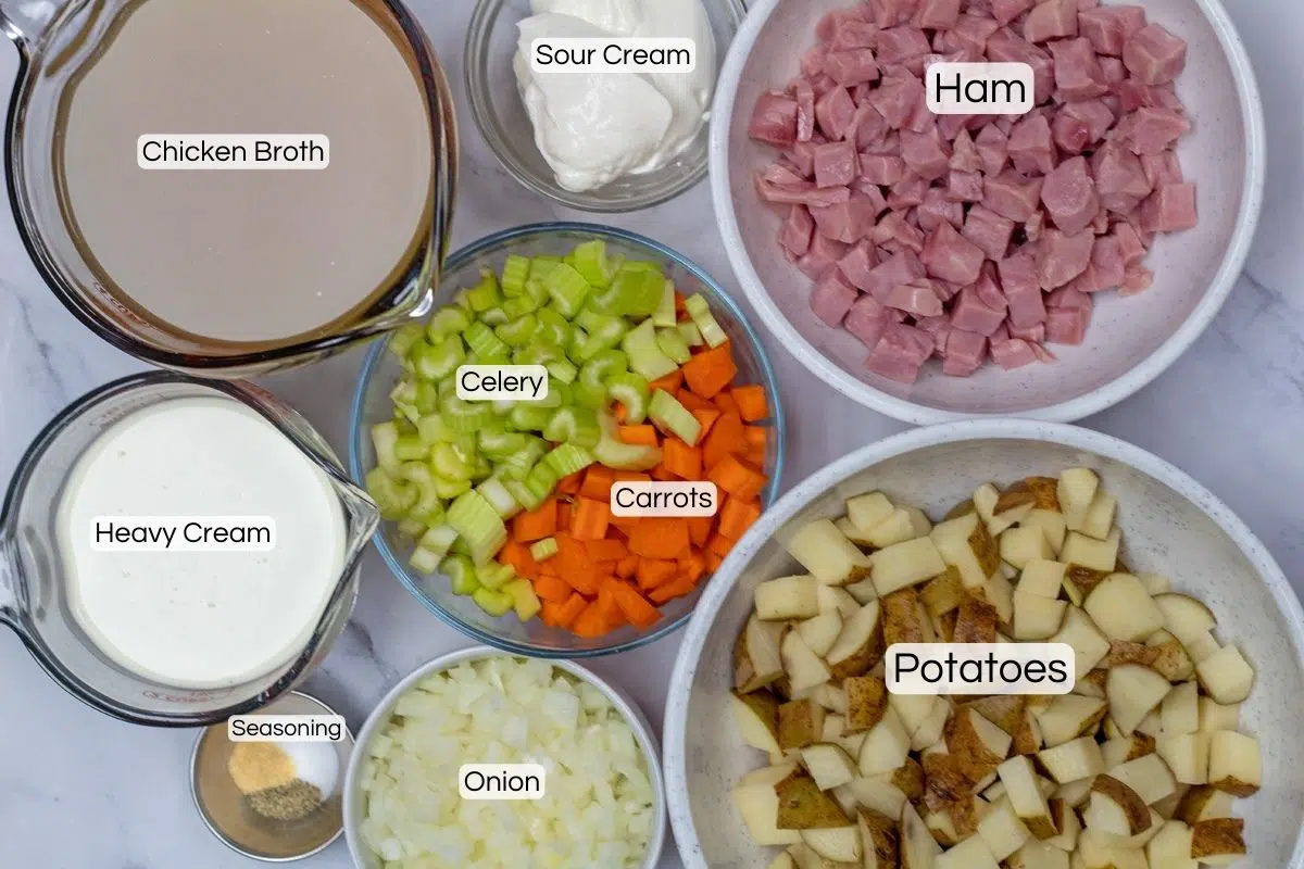 Best crockpot creamy ham potato soup ingredients overhead image with labels.