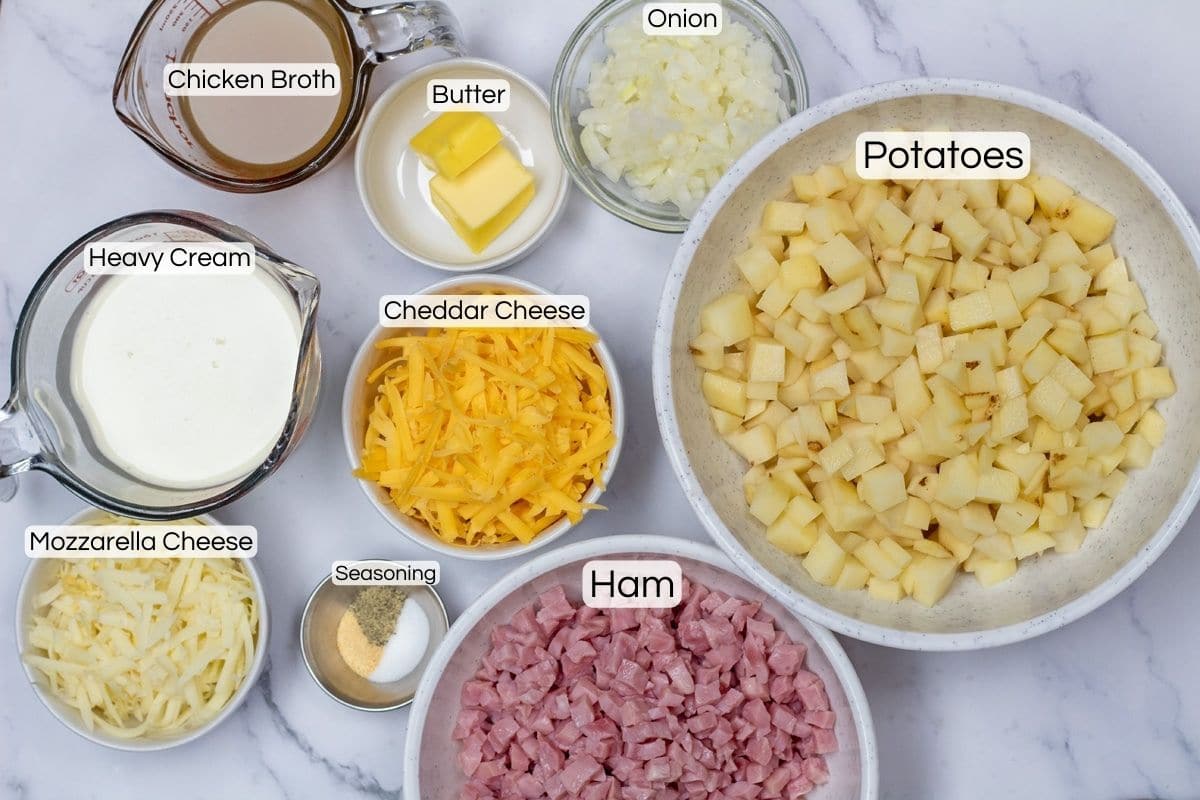 Overhead image showing all the ingredients needed to make a ham and potato casserole.