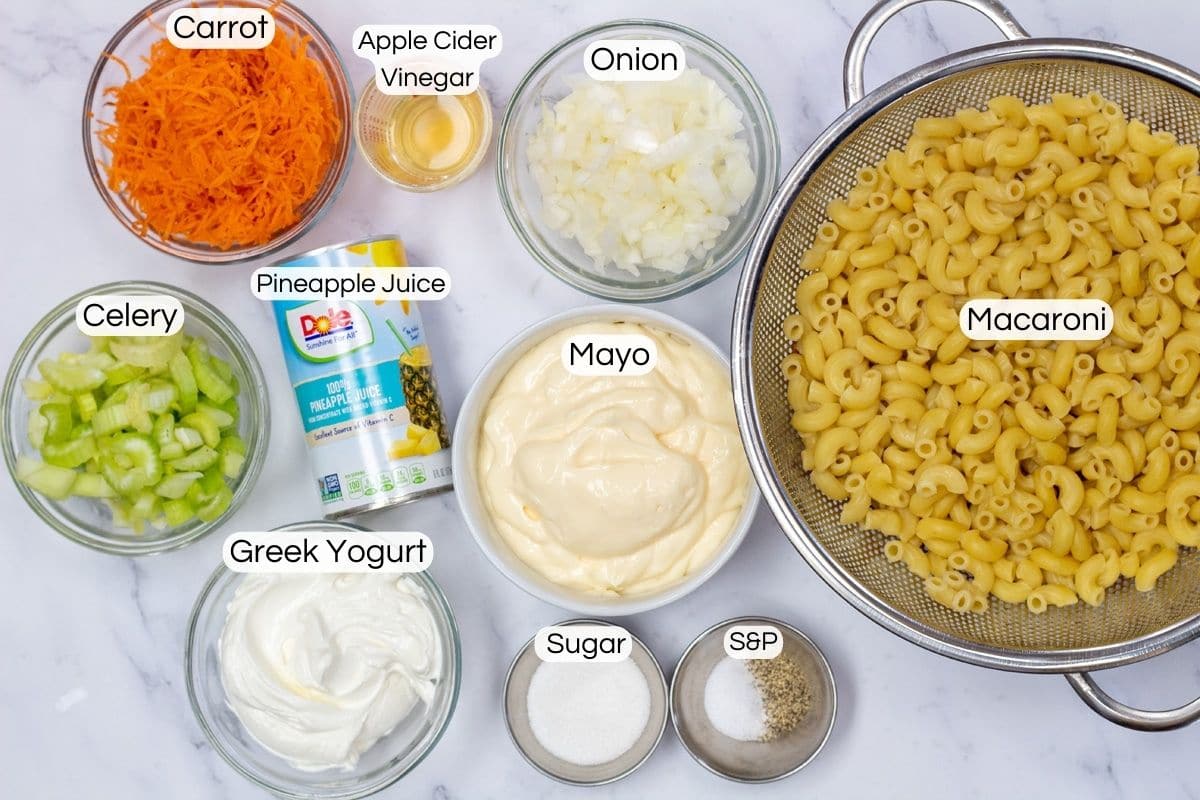 Hawaiian macaroni salad ingredients with labels.