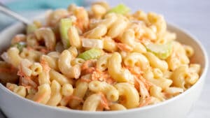 Wide closeup image of the Hawaiian macaroni salad after being chilled.