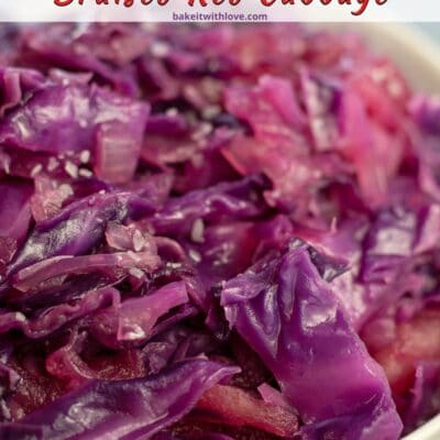 Pin image with text divider of a white bowl of braised red cabbage.