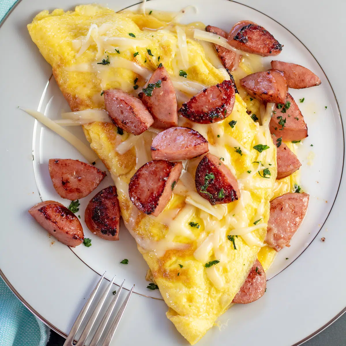 Square overhead image of kielbasa and Swiss cheese omelet on a white plate.