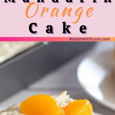 Pin image with text divider of mandarin orange cake slice on a white plate.