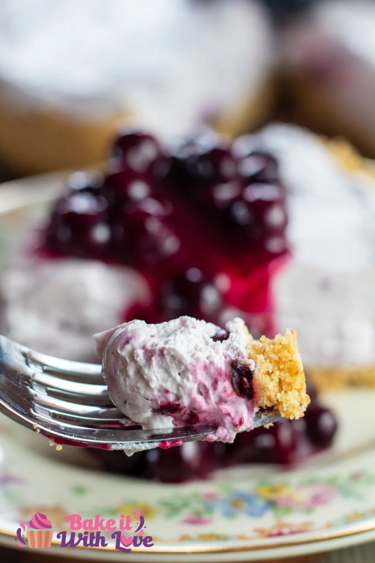 Tall image of the no-bake blueberry cheesecake readied on a form for a bite.