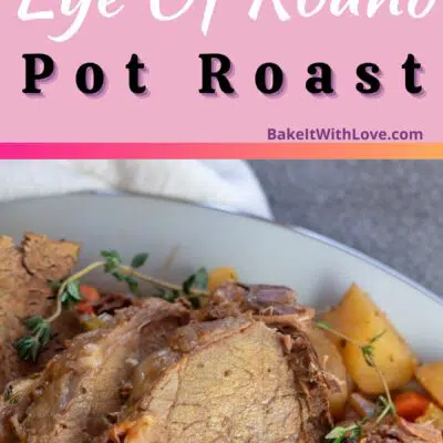 Best slow cooker eye of round roast recipe pin with 2 images and text divider.