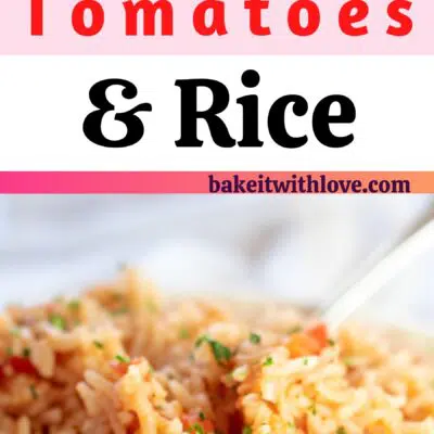 Pin image with text divider of Southern tomates and rice in a white bowl.