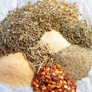 Square image of seasoning blend of spices for spaghetti.