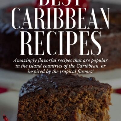 Best Caribbean recipes pin with text heading over vignette and image of Jamaican black cake.