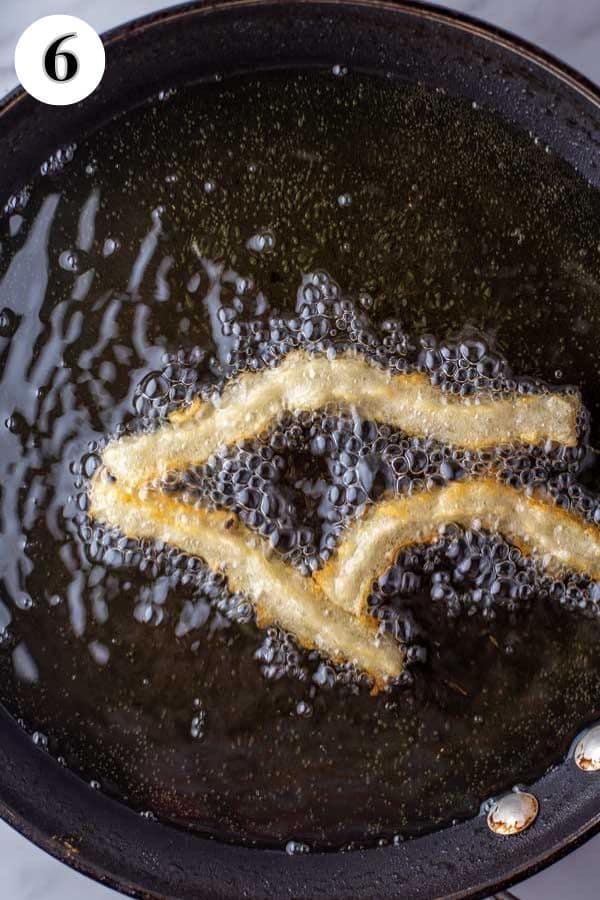 Homemade churros recipe process photo 6 frying the cut churros in oil.