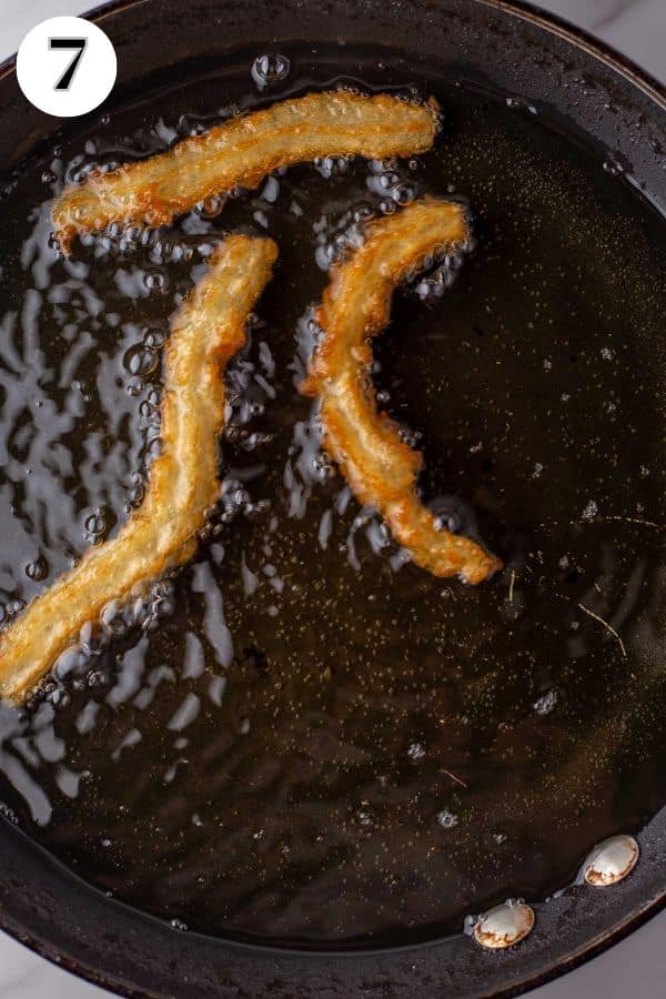 Homemade churros recipe process photo 7 turn and fry until all sides are golden.