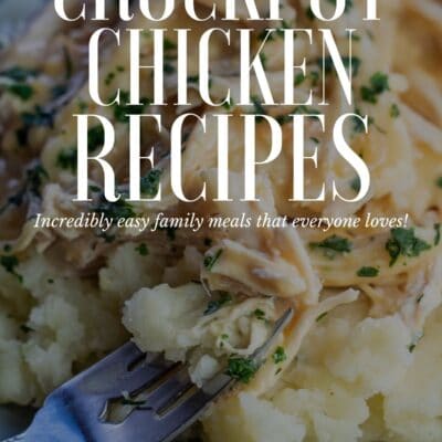 Best crockpot chicken recipes pin with text overlay and vignette over the crockpot chicken and gravy recipe.