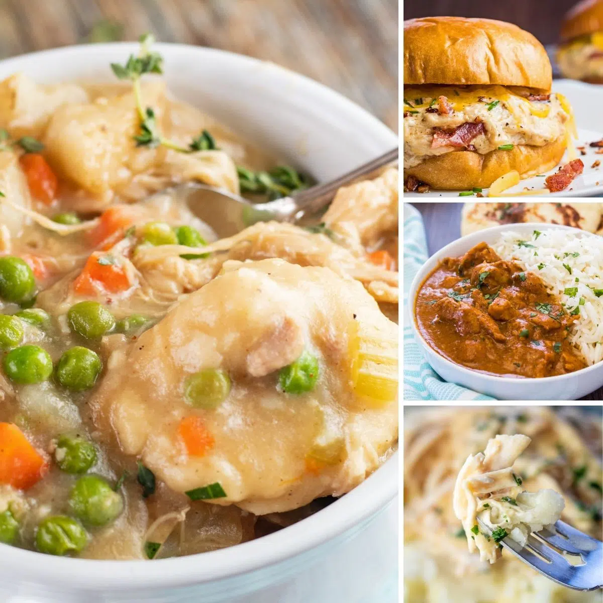 Die besten Crockpot-Hähnchen-Rezepte, die Sie in Ihrem Slow Cooker für eine leckere Mahlzeit-Collage mit 4 Bildern zubereiten können.