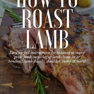 How to roast lamb pin with vignette and text over the leg of lamb.